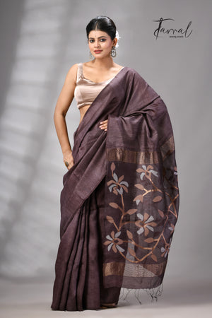 Dark Brown Muga & Gachhi Tussar Silk Stripe Handwoven Jamdani Saree