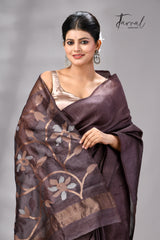 Dark Brown Muga & gachhi Tussar silk stripe handwoven Jamdani saree