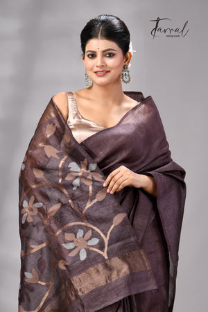 Dark Brown Muga & Gachhi Tussar Silk Stripe Handwoven Jamdani Saree