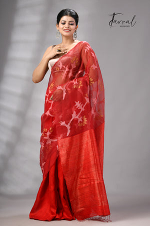 Red Handwoven Matka Muslin Jamdani Silk Saree
