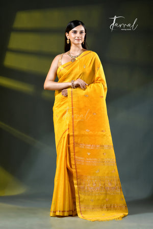 Yellow with golden zari pure tussar silk handloom jamdani saree