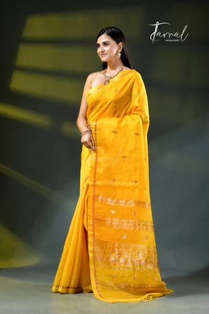 Yellow with golden zari pure tussar silk handloom jamdani saree