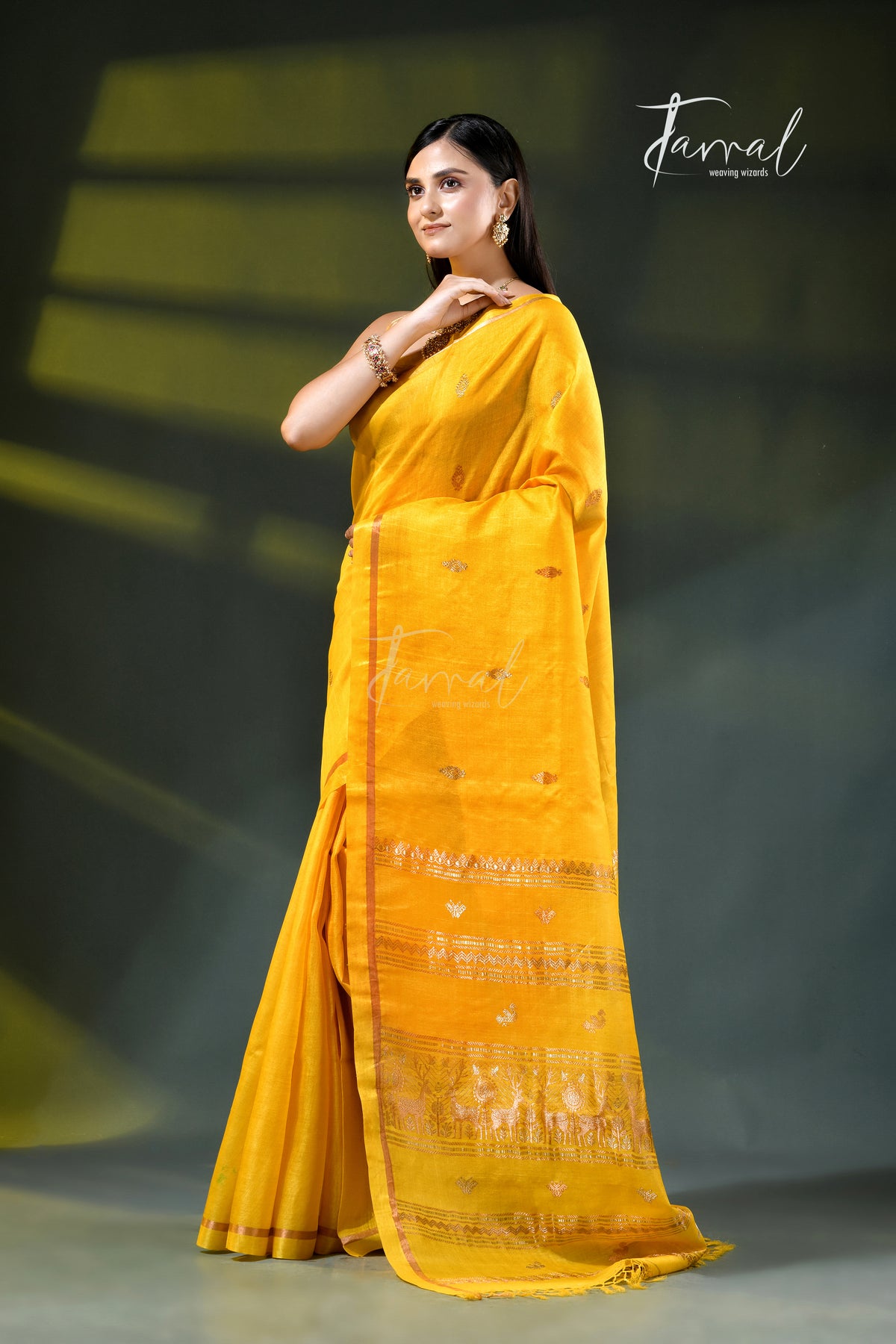 Yellow with golden zari pure tussar silk handloom jamdani saree