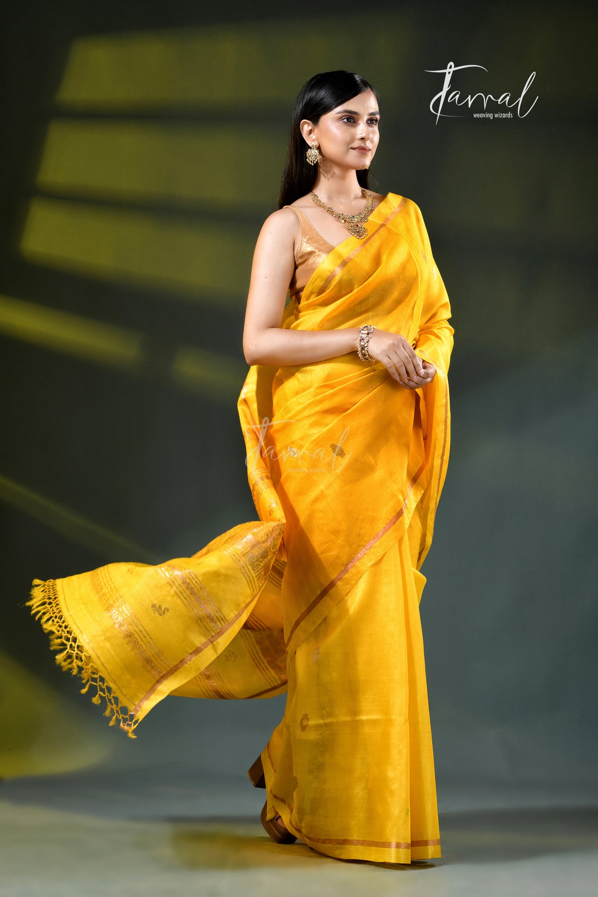 Yellow with golden zari pure tussar silk handloom jamdani saree