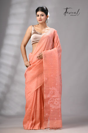 Peach Tissue Silk Linen Handwoven Needle Work Jamdani Saree