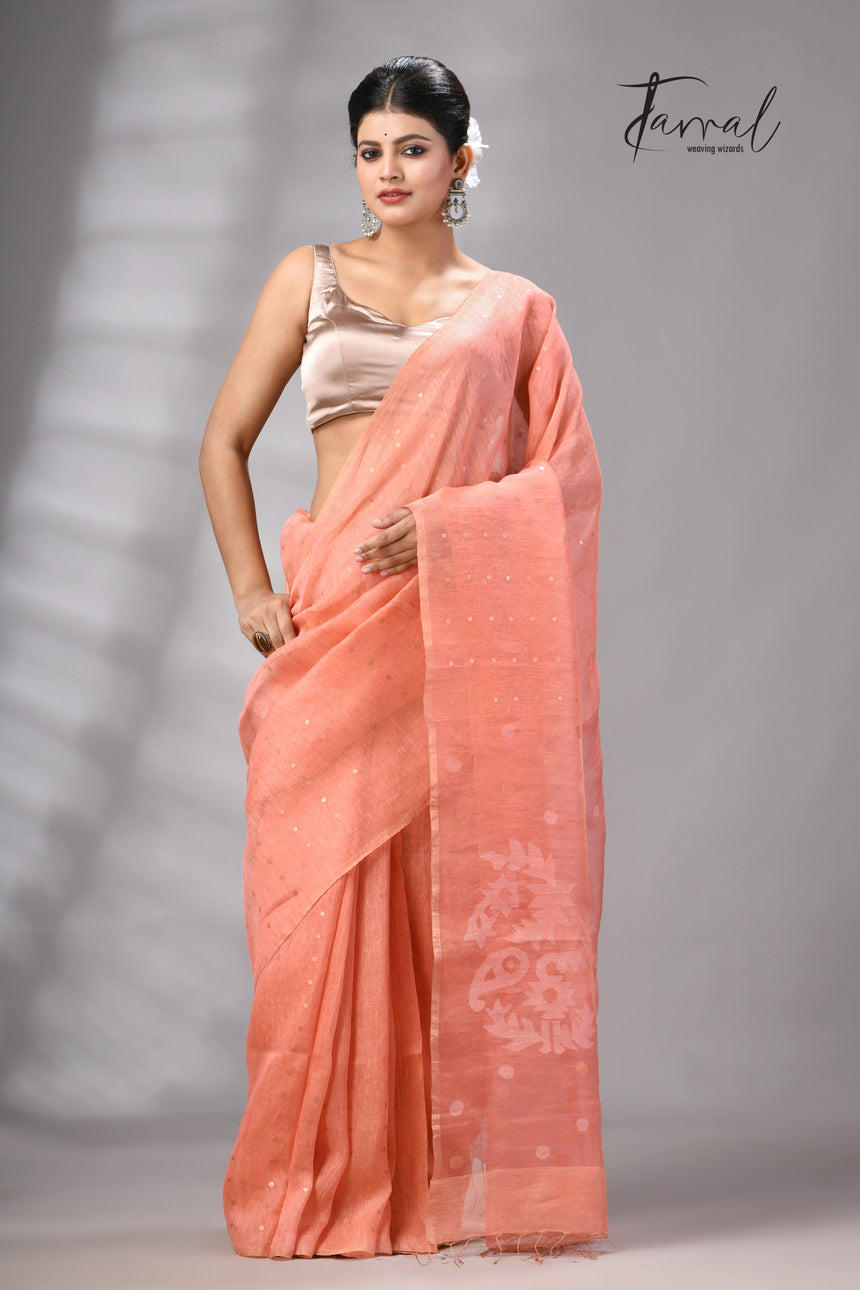 Peach tissue silk linen handwoven needle work jamdani saree