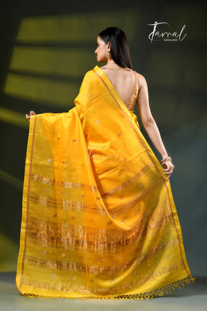 Yellow with golden zari pure tussar silk handloom jamdani saree