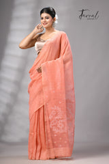 Peach tissue silk linen handwoven needle work jamdani saree