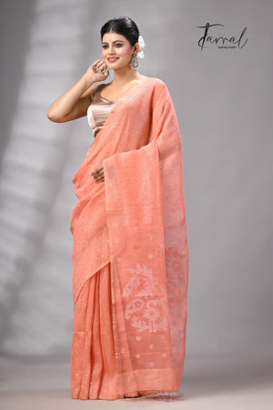 Peach Tissue Silk Linen Handwoven Needle Work Jamdani Saree