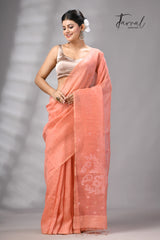 Peach tissue silk linen handwoven needle work jamdani saree