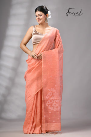 Peach Tissue Silk Linen Handwoven Needle Work Jamdani Saree