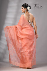Peach tissue silk linen handwoven needle work jamdani saree