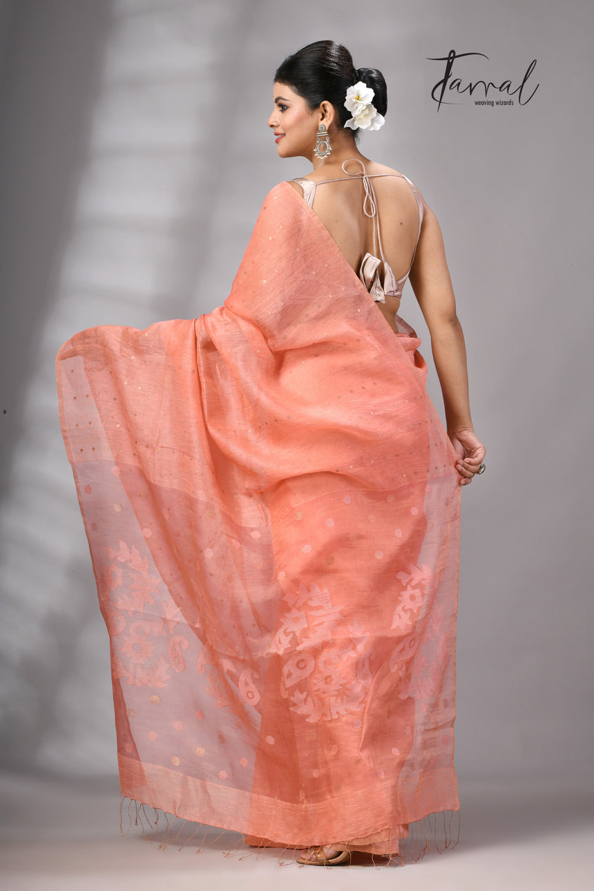 Peach tissue silk linen handwoven needle work jamdani saree