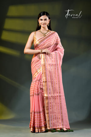 Pink with zari striped mulmul cotton handloom saree