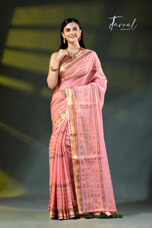 Pink with zari striped mulmul cotton handloom saree