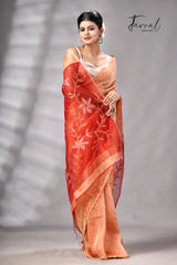 Saffron With Zari Border Silk Linen Handwoven Jamdani Saree