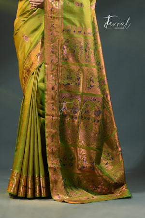Parrot green with zari Minakari Bishnupuri Swarnachari silk saree