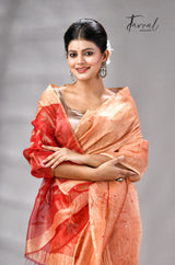 Saffron With Zari Border Silk Linen Handwoven Jamdani Saree