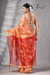 Saffron With Zari Border Silk Linen Handwoven Jamdani Saree