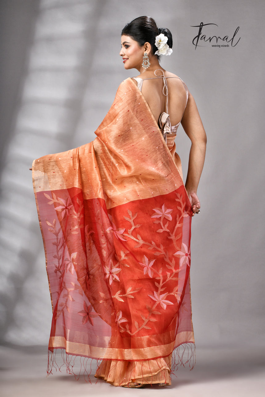 Saffron With Zari Border Silk Linen Handwoven Jamdani Saree