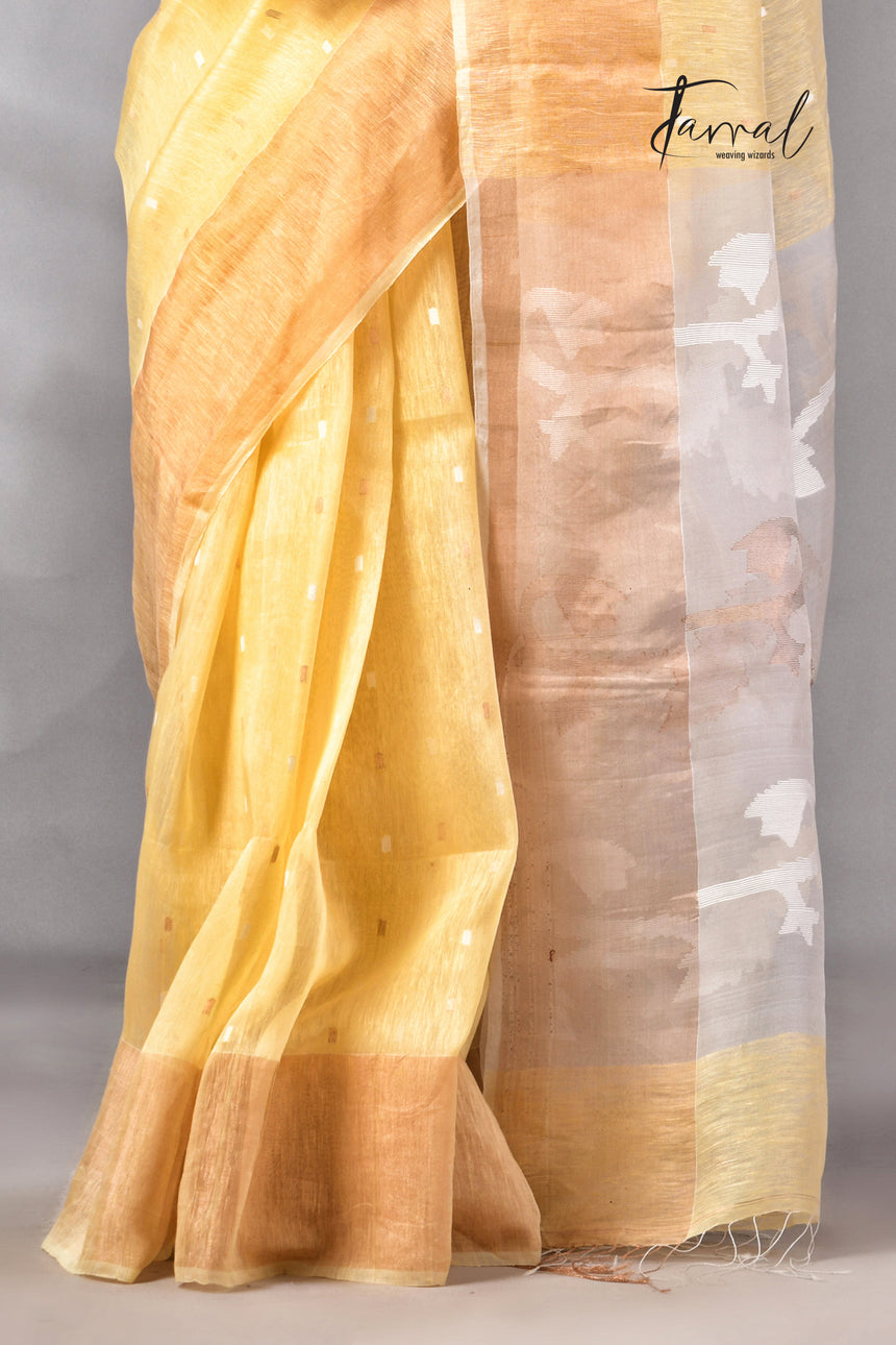 Light Yellow With Zari Border Silk Linen Handwoven Jamdani Saree