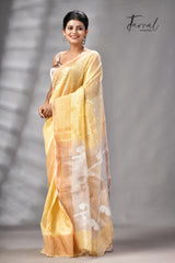 Light Yellow With Zari Border Silk Linen Handwoven Jamdani Saree