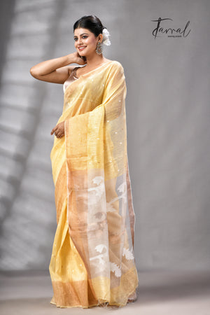 Light Yellow With Zari Border Silk Linen Handwoven Jamdani Saree