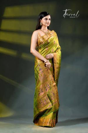 Parrot green with zari Minakari Bishnupuri Swarnachari silk saree