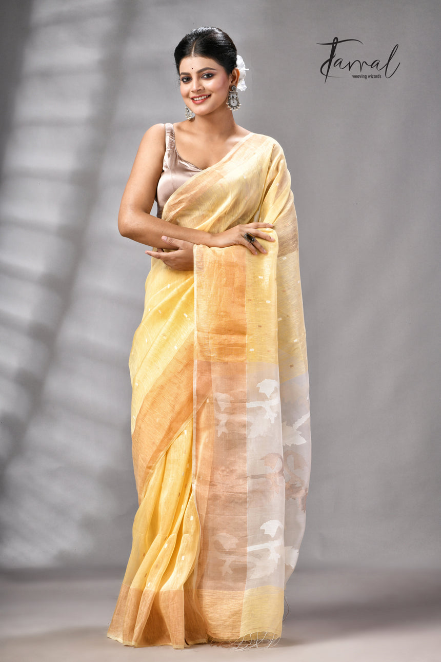 Light Yellow With Zari Border Silk Linen Handwoven Jamdani Saree