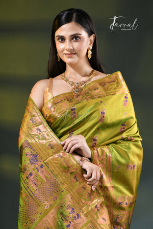 Parrot green with zari Minakari Bishnupuri Swarnachari silk saree