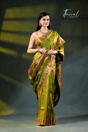 Parrot green with zari Minakari Bishnupuri Swarnachari silk saree