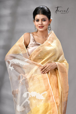 Light Yellow With Zari Border Silk Linen Handwoven Jamdani Saree