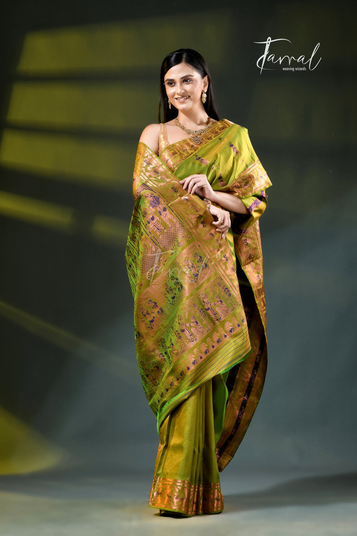 Parrot green with zari Minakari Bishnupuri Swarnachari silk saree