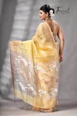 Light Yellow With Zari Border Silk Linen Handwoven Jamdani Saree