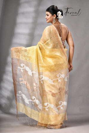 Light Yellow With Zari Border Silk Linen Handwoven Jamdani Saree