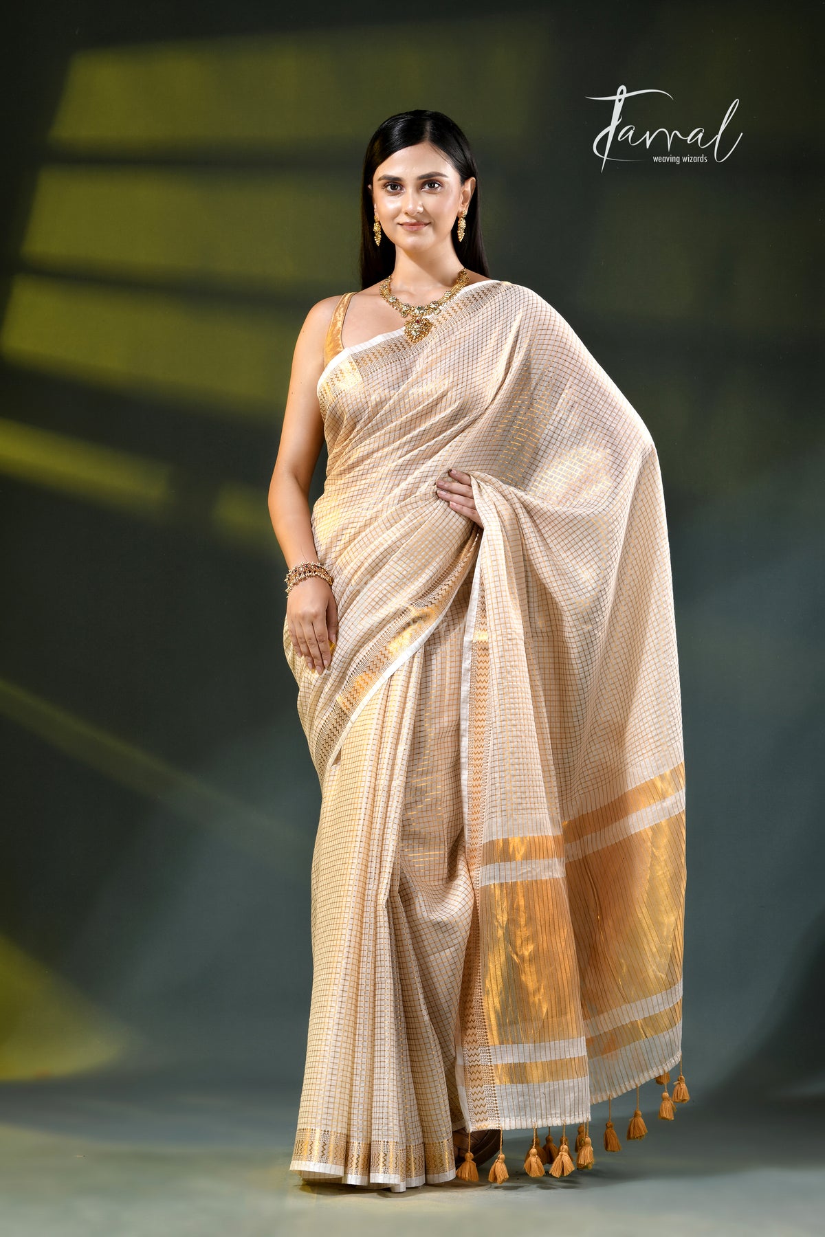 Offwhite golden zari striped mulmul cotton handloom saree
