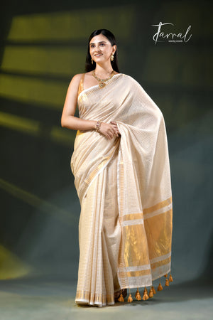 Offwhite golden zari striped mulmul cotton handloom saree