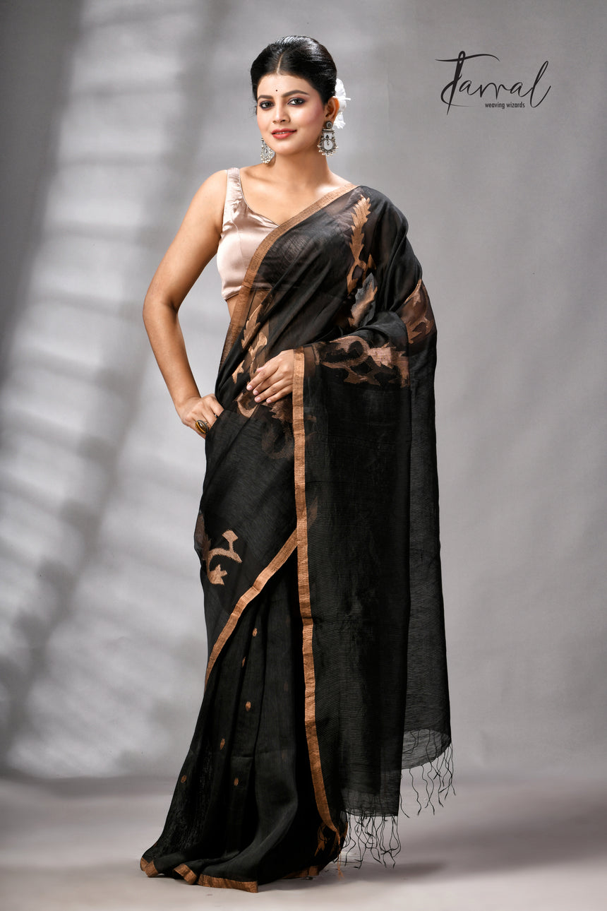 Black With Zari Border Pure Silk Linen Handwoven Jamdani Saree