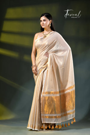 Offwhite golden zari striped mulmul cotton handloom saree