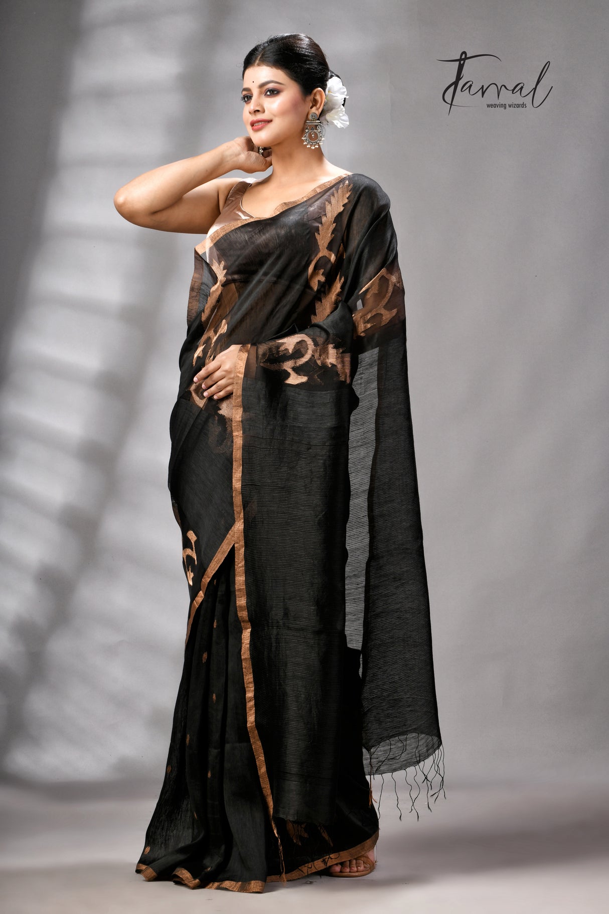 Black With Zari Border Pure Silk Linen Handwoven Jamdani Saree
