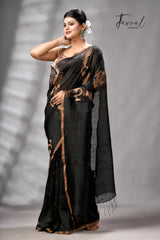 Black With Zari Border Pure Silk Linen Handwoven Jamdani Saree