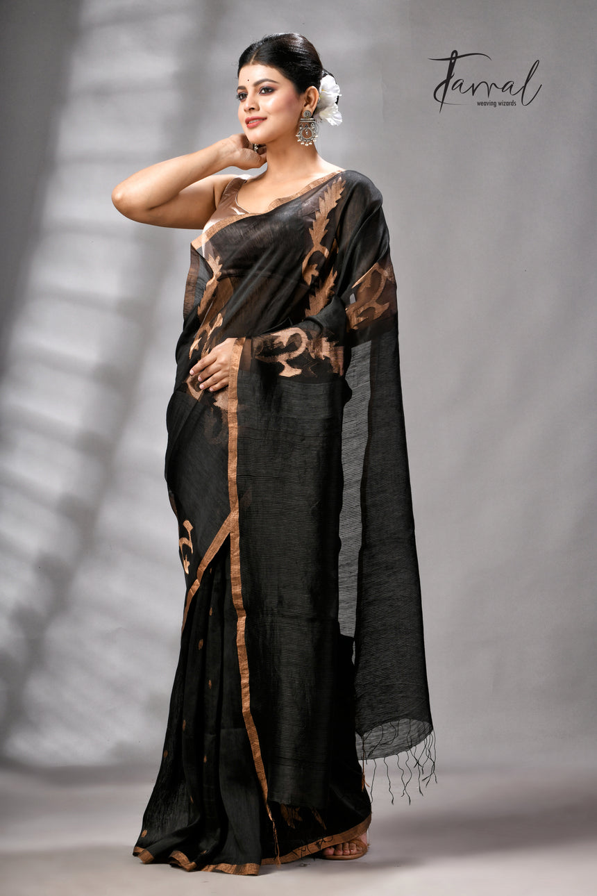 Black With Zari Border Pure Silk Linen Handwoven Jamdani Saree