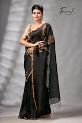 Black With Zari Border Pure Silk Linen Handwoven Jamdani Saree