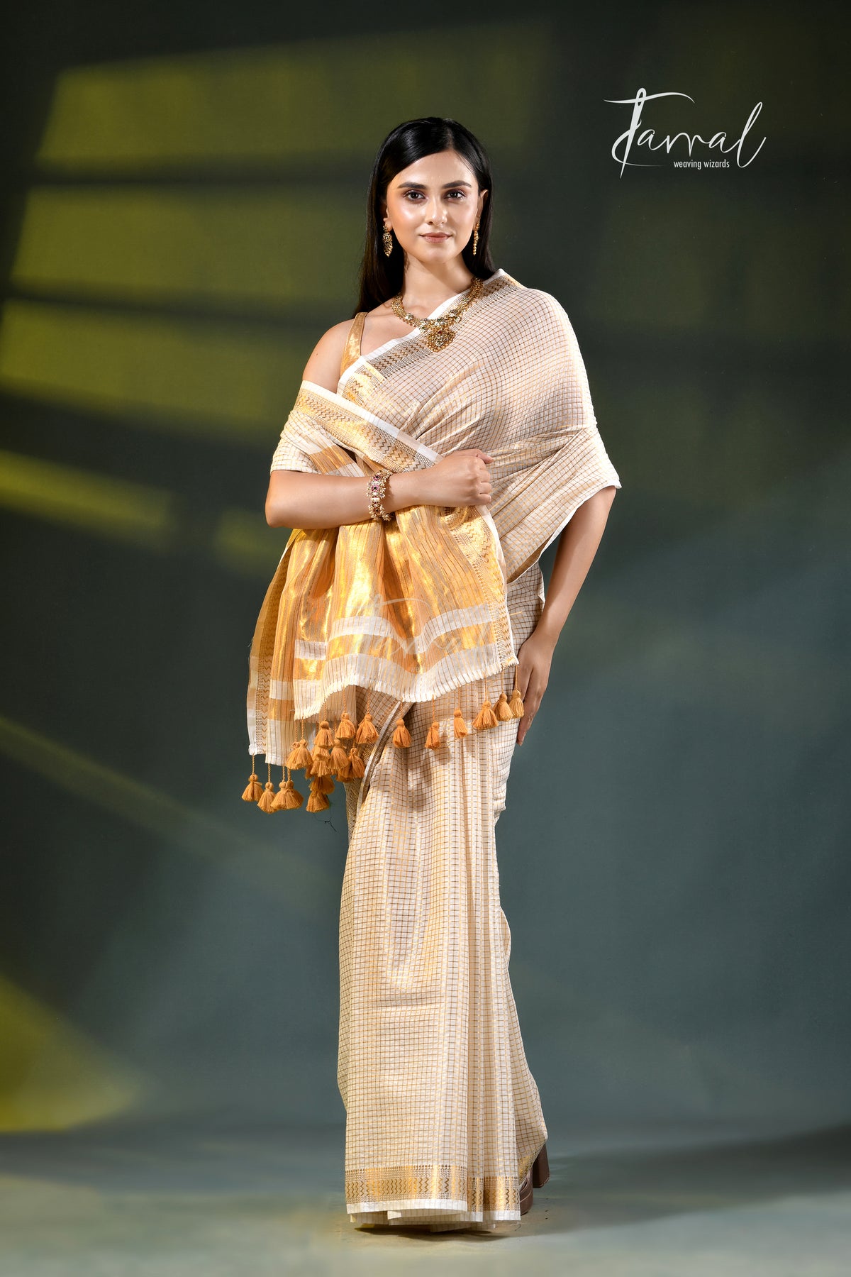 Offwhite golden zari striped mulmul cotton handloom saree