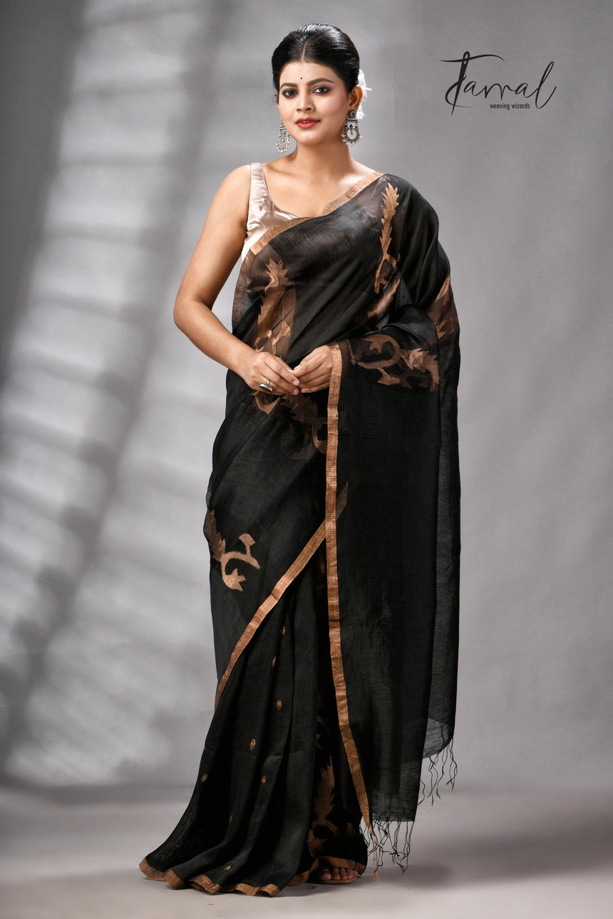 Black With Zari Border Pure Silk Linen Handwoven Jamdani Saree