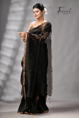 Black With Zari Border Pure Silk Linen Handwoven Jamdani Saree
