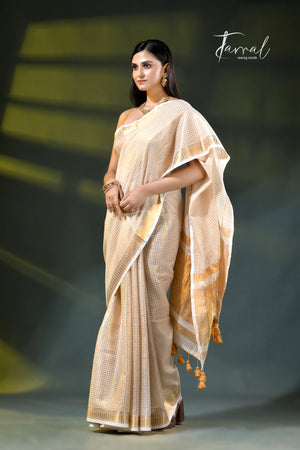 Offwhite golden zari striped mulmul cotton handloom saree