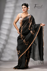Black With Zari Border Pure Silk Linen Handwoven Jamdani Saree