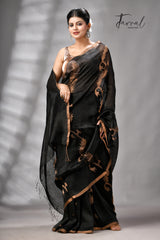 Black With Zari Border Pure Silk Linen Handwoven Jamdani Saree