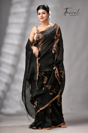 Black With Zari Border Pure Silk Linen Handwoven Jamdani Saree